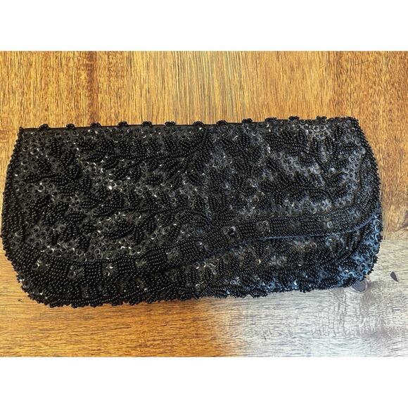 VTG Handmade Hong Kong Womens Evening Bag Clutch Purse Black Beaded Sparkly - Picture 8 of 8